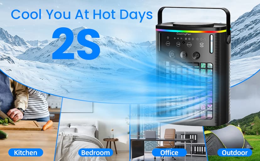 Portable Air Conditioners, Mini Air Conditioner Portable Cooling Fan with Remote Control, 3 Wind Speed & 3 Mist Level & 2-8H Timer & 7 LED Light Evaporative Air Cooler for Home Office Room, Black