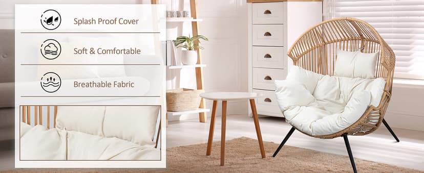 JAMFLY Egg Chair Wicker Outdoor Chairs, Oversized Patio Chair Oversized Lounger Chair with Cushion for Indoor Living Room, Bedroom, Outside Patio Backyard Balcony, Beige