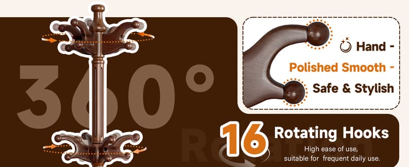 Solid Wood Rotary Coat Rack Freestanding, Heavy Duty Coat Hanger Stand with 2 layer Multi-direction Hooks, 360° Rotating Standing Coat Rack Tree for Entryway, Bedroom, Office, H: 77.6in (Walnut)