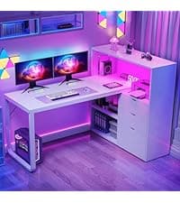 DWVO Farmhouse Office Desk with Drawer & Power Outlets, Wood Computer Desk w/LED Strip & Monitor Stand for Bedchamber Study, Home Office Table with Storage Cabinet for Working Writing Gaming (White)