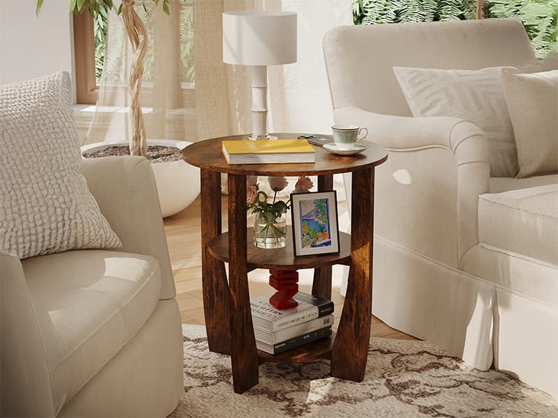 Round End Table with Storage Shelf,3 Tier Modern Side Table, Sofa Recliner Side Table,Accent Coffee Table,Nightstand for Living Room Bedroom for Small Spaces,19.7" D x 21.7" H