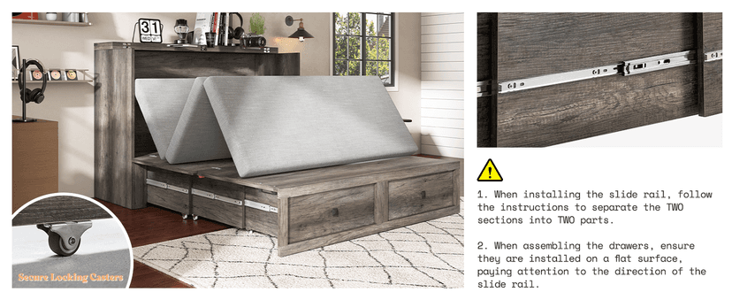 AMERLIFE Queen Murphy Bed with Storage & Charging Station, Farmhouse Murphy Cabinet with Foldable Panel, Noisy Free, for Living Room, Guest Bedroom, Office, Rustic Gray