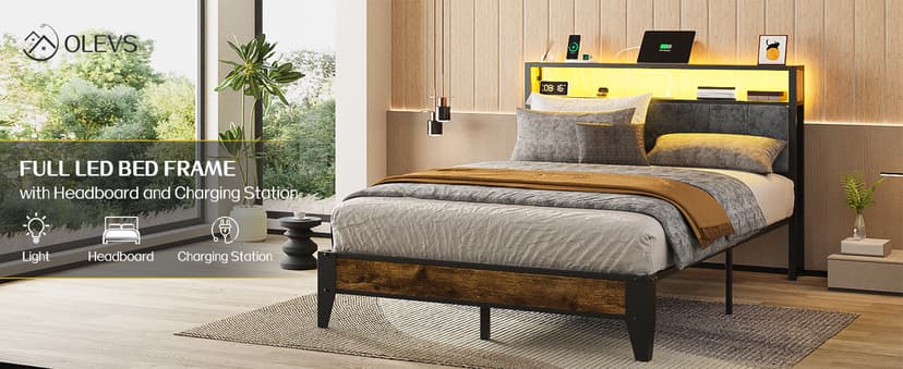 OLEVS Full Bed Frame with Headboard, Metal Platform Bed Full Size with 2-Tier Storage, LED Light & Charging Station Type C, No Box Spring Needed
