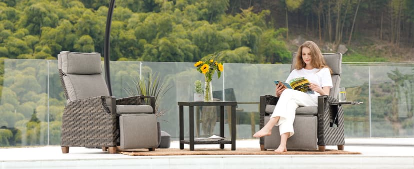 Grand patio Outdoor Recliner with Independent Adjustable Back and Footrest, Air Pump 150° Lay Flat Reclining Chair Removable Olefin Cushion Flip-Up Table Wicker Grey 1PC