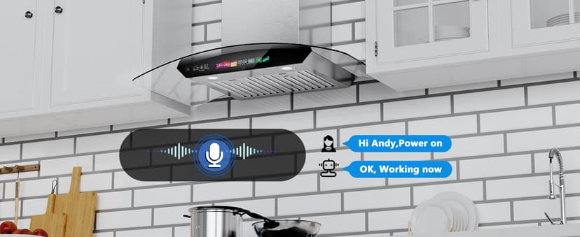 30 inch Wall Mount Range Hood Tempered Glass 900 CFM, Voice/Gesture/Touch Control, Stainless Steel Kitchen Hood Vent with 4 Speed Exhaust Fan, Adjustable Lights, Memory Mode