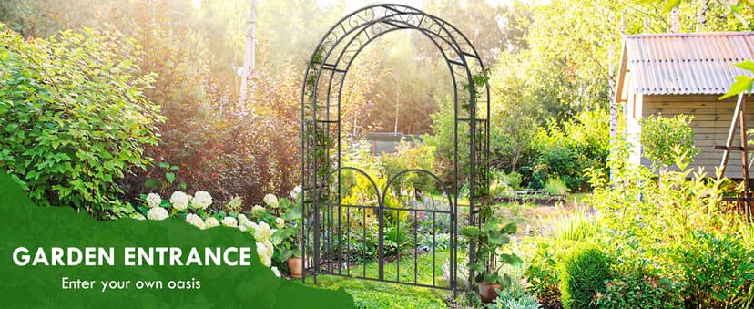 Outsunny 7.4ft Steel Garden Arch with Gate, Garden Arbor Trellis for Climbing Plants, Roses, Vines, Wedding Arch Stand for Outdoor, Garden, Lawn, Backyard, Black