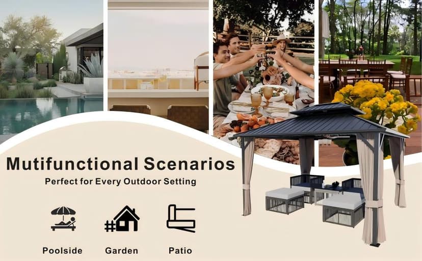 10’x12’ Hardtop Gazebo, Galvanized Steel Double Roof Canopy with Aluminum Frame, Outdoor Pavilion with Nettings and Curtains