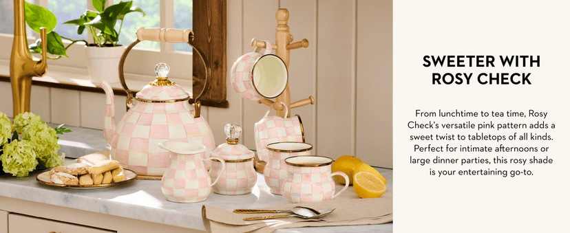 MACKENZIE-CHILDS Enamel Tea Kettle, Stylish Tea Kettle for Stovetop, Green-and-White Emerald Check, 2 Quarts