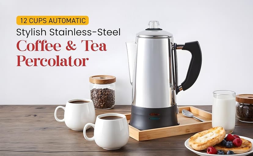 Elite Gourmet EC923 Electric Coffee Percolator, BPA Free, Keep Warm, Clear Brew Progress Knob, Cool-Touch Handle, Cordless Serve, 12-Cup, Stainless Steel