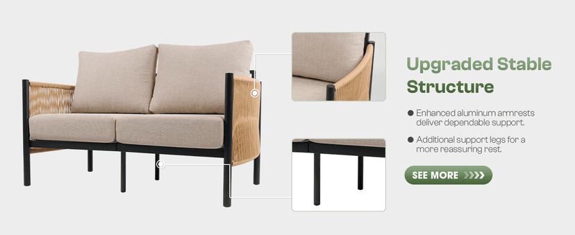 Aluminum Outdoor Patio Furniture Set, HDPE Rope 5 Piece Modern Sectional Conversation Sets with Dual-Layer Coffee Table, All Weather Patio Couch Sofa with Thick Cushions, Gray Frame, Gray