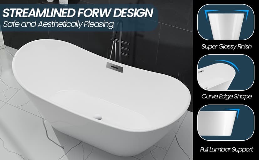 59" Acrylic Freestanding Bathtub, Free Standing Soaking Tub, Freestanding Tub with Overflow and Matte Silver Drain, Modern Bathtub for Bathroom, Hotel, Easy to Install, CUPC Certified, Black, Sky