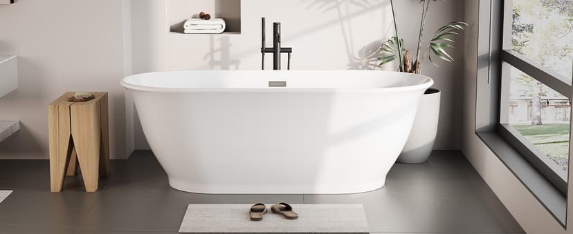 67 Inch Acrylic Freestanding Bathtub, Luxury Oval Soaking Tub, Modern Stand Alone Bath In White, with Chrome Drain, Overflow, Deep Soak Freestanding Tub for Bathroom