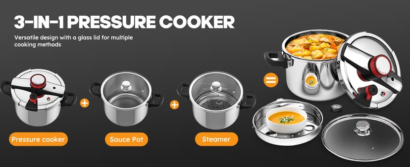 BreeRainz 8.45QT 304 Stainless Steel Pressure Cooker, 3-Stage PSI Settings, One-Hand Locking,Explosion-Proof Pot w/Extra Glass Lid, Timer, Steaming Rack(Induction Compatible)