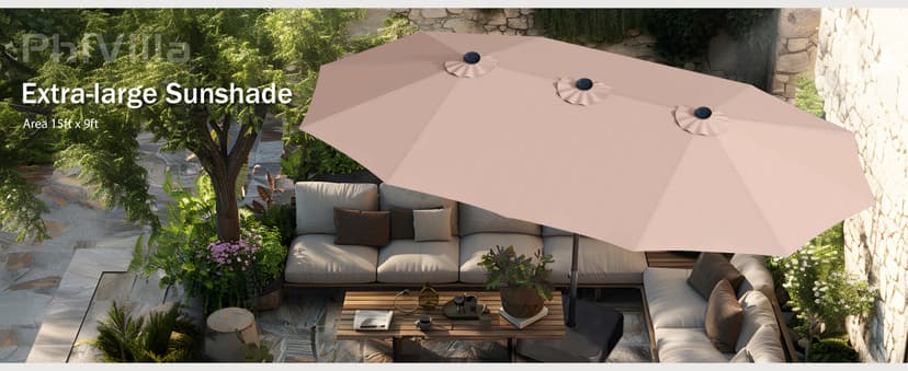PHI VILLA 15ft Large Patio Umbrellas with Base Included, Outdoor Double-Sided Rectangle Market Umbrella with Stand, Outside Umbrellas for Poolside Lawn Backyard, Beige