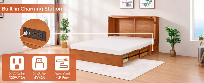 Queen Murphy Bed with Tri-Folding Mattress, Space-Saving Queen Size Wall Bed Built-in Charging Station, Foldable Murphy Bed Cabinet with 2 Storage Drawers for Bedroom, Guest Room, Cherry