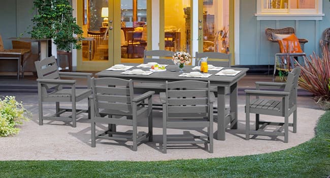 SERWALL Outdoor HDPE Dining Table Set, 7-Piece Outdoor Dining Table Sets with Umbrella Hole Cut-Out Table and 6 Chairs, Gray