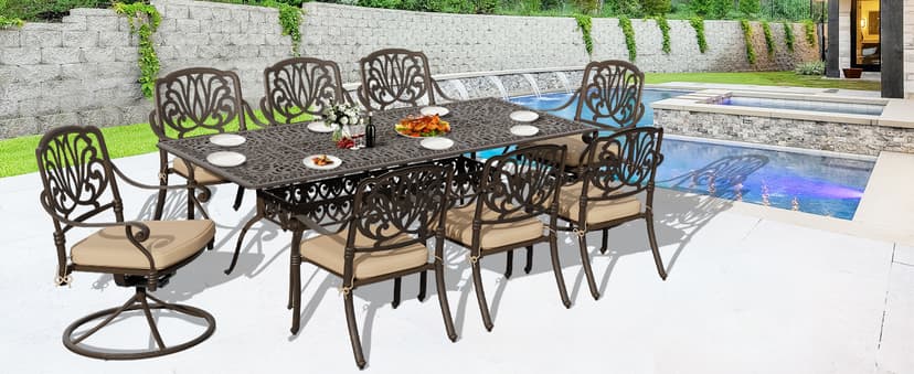 Grepatio 9 Piece Cast Aluminum Patio Furniture Set Outdoor Dining Set Bistro Furniture Set with 6 Chairs 2 Swivel and Dining Table, 8 Cushions for Backyard Garden (Khaki)