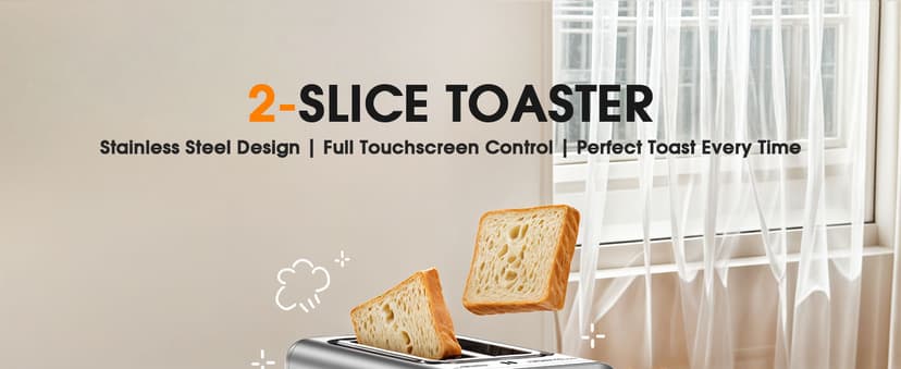 Toaster 2 Slice Wide Slot, Stainless Steel Digital Toasters Best Rated Prime, Touch Screen Toaster for 5 Bread Types/6 Shade Settings/Single Slot Toasting/Memory Function/Defrost/Reheat