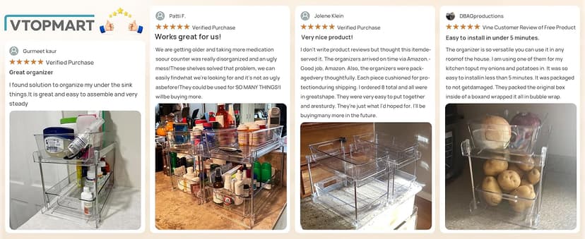 Vtopmart 4 Pack Bathroom Organizer, 2 Tier Clear Under Sink Organizers Vanity Countertop Storage Container,Cabinet Drawers Bins, Pull-Out Organization with Track for Pantry, Kitchen