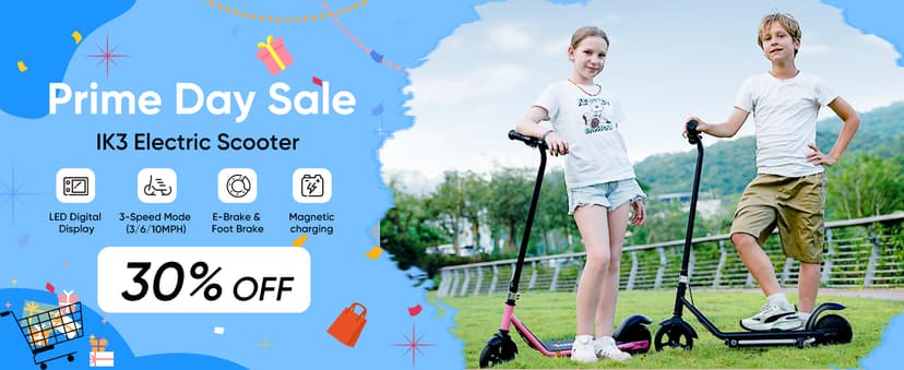 iScooter IK3/IK3Pro Electric Scooter for Kids Aged 6-12, LED Display, 3 Speeds, 3 Heights (IK3Pro), Magnetic Charging, 150W Motor, Colorful Lights