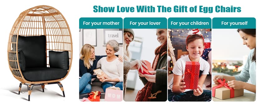 Outdoor Egg Chair, PE Wicker Chair with 4 Thicken Cushions, Patio Chairs 440 lbs Capacity, Oversized Balcony Chairs with Durable Steel Frame Perfect for Balcony, Backyard, Bedroom-Dark Black