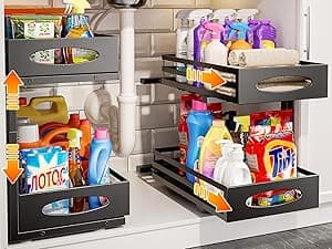 Under Sink Organizer, Pull Out Cabinet Organizers, Slide Sink Steel Shelf Cabinet Storage Shelves, Under Sink Storage for Kitchen Bathroom Cabinet (Black, 2 Pack)