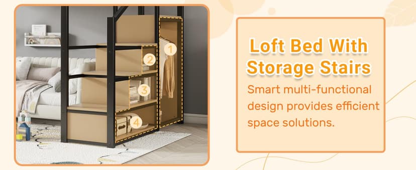 Full Size Loft Bed with Stairs and Storage, Metal Loft Bed Frame with Bedside Shelf and Large Under-Bed Space, Heavy-Duty Bed for Adults Teens and Kids, Black