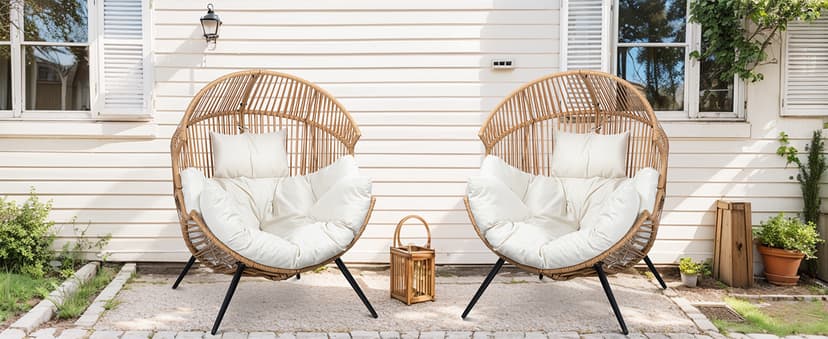 JAMFLY Egg Chair Wicker Outdoor Chairs, Oversized Patio Chair Oversized Lounger Chair with Cushion for Indoor Living Room, Bedroom, Outside Patio Backyard Balcony, Beige