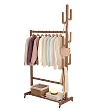 Solid Wood Rotary Coat Rack, Freestanding Coat Rack with 3 Shelves and 9 Hooks, Coat tree for Bedroom, Entryway, Livingroom, Coat Hanger Stand for Coats, Scarves, Handbags (Walnut)
