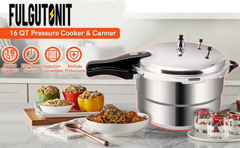 16 Quart Pressure Cooker, 10 Psi Induction Compatible Pressure Canner w/Stainless Steel Honeycomb Base, Heavy Gauge Aluminum, Quality Steamer Rack Included