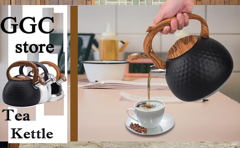 GGC Tea Kettle for Stove Top, Loud Whistling Kettle for Boiling Water Coffee or Milk, 3.1 Quart 3L Heavy Stainless Steel Black Kettle with Wood Pattern Handle, Unique Button Control Kettle Outlet