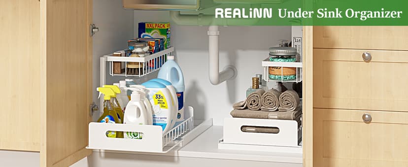 REALINN Under Sink Organizer, Pull Out Cabinet Organizer 2 Tier Slide Out Sink Shelf Cabinet Storage Shelves, Under Sink Storage for Kitchen Bathroom Cabinet, White, 1 Pack