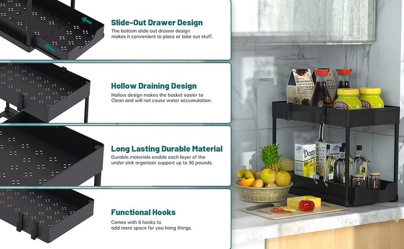 2 Pack Under Sink Organizer, 2 Tier Bathroom Cabinet Organizer with Sliding Basket, Multi-Purpose Under Sink Organizers and Storage for Bathroom Kitchen