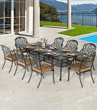 VIVIJASON 9-Piece Outdoor Furniture Dining Set, All-Weather Cast Aluminum Patio Conversation Set, Include 8 Cushioned Chairs and an Oval Table with Umbrella Hole for Balcony Lawn Garden Backyard