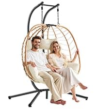 Hanging Egg Chair with Adjustable Footrest & Stand, Wicker Rattan Swing Hammock Chair with Cushion & Double Chains, 350LBS Capacity for Outdoor & Indoor Patio, Deck, Bedroom, Balcony (YE-BE)