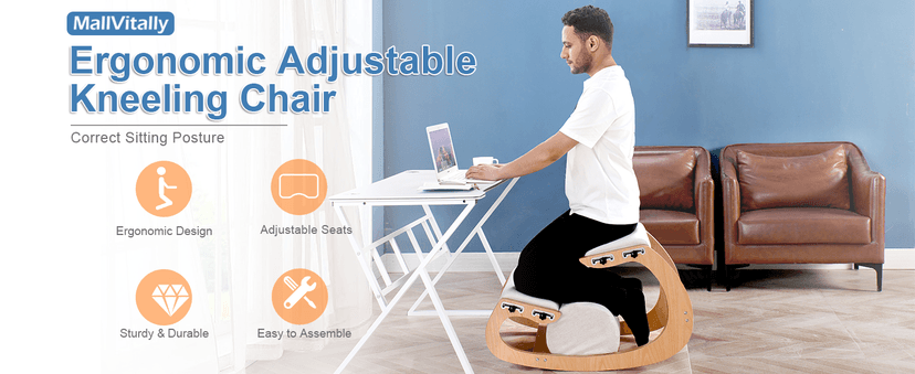 Adjustable Kneeling Chair, Wooden Ergonomic Chair Knee Chair Posture Chair - Improve Your Posture with an Angled Seat for Home,Office (Wood Color+ Pads)