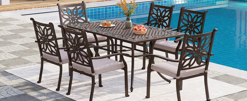PHI VILLA Cast Aluminum Patio Dining Set for 6 Person, 7 Piece Outdoor Patio Set with 64" x 37" Cast-Top Aluminum Table(2.3" Umbrella Hole), 4 Dining Chairs and 2 Swivel Rockers with Seat Cushions