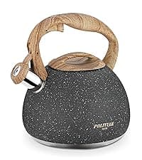 POLIVIAR Tea Kettle, 2.7 Quart Natural Stone Finish with Wood Pattern Handle Loud Whistle Food Grade Stainless Steel Teapot, Anti-Hot Handle and Anti-Rust, Suitable for All Heat Sources (JX2018-GR20)