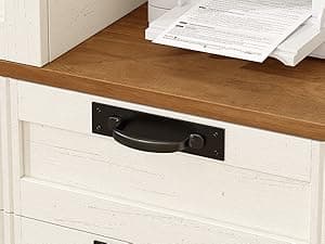 TVU Farmhouse Computer Desk with Drawers, 65'' Home Office Desk with Power Outlets, Storage Cabinet and Printer Stand, Study Writing Desks with Long Monitor Stand, White