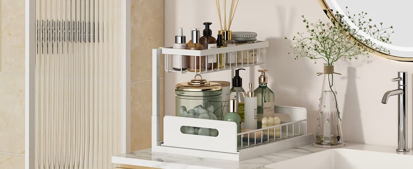 REALINN Under Sink Organizer, Pull Out Cabinet Organizer 2 Tier Slide Out Sink Shelf Cabinet Storage Shelves, Under Sink Storage for Kitchen Bathroom Cabinet, White, 1 Pack