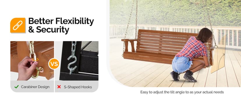 VINGLI Upgraded Patio Wooden Porch Swing for Courtyard & Garden, Heavy Duty 880 LBS Swing Chair Bench with Hanging Chains for Outdoors (Brown, 5 FT)