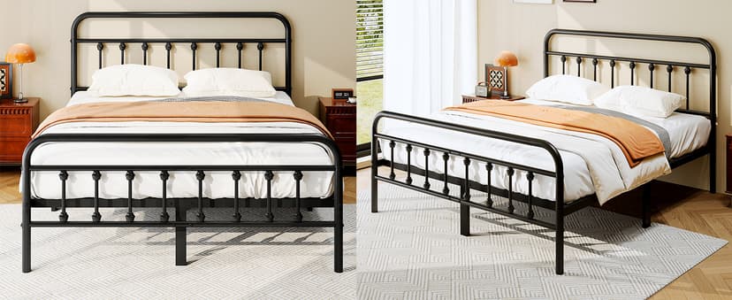King Size Metal Platform Bed Frame/Victorian Style Headboard and Footboard/Steel Slat Support/Easy Assembly/No Box Spring Needed/Underbed Storage/Noise Free/Black