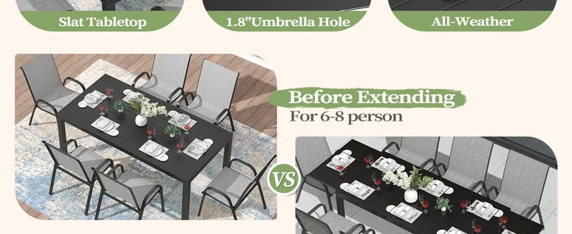 Outdoor Expandable Dining Table 71"-106" Aluminum Patio Dinner Table for 8-10 Person, Rectangular Metal Collapsible Tables with Umbrella Hole, Patio Tables with Extendable Top for Garden, Backyard