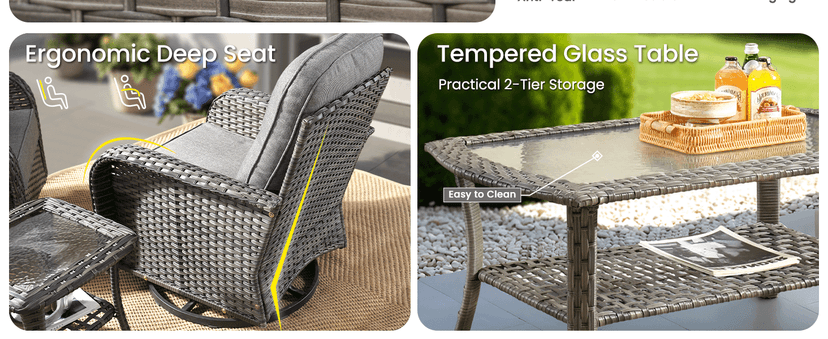 ovios 5 Pieces Patio Furniture Set, Outdoor Wicker Sofa with Swivel Chairs, Coffee Table, All Weather High Back Rattan Loveseat Couch with Comfy Cushions, Dark Grey