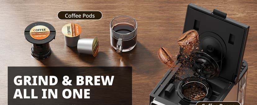 AIRMSEN Grind & Brew Coffee Maker with Grinder - Single Serve Machine Compatible with K-Cup Pods & Ground, 1000W Fast 6-14oz Brewer, Descaling Alert, Touchscreen & 50oz Removable Tank