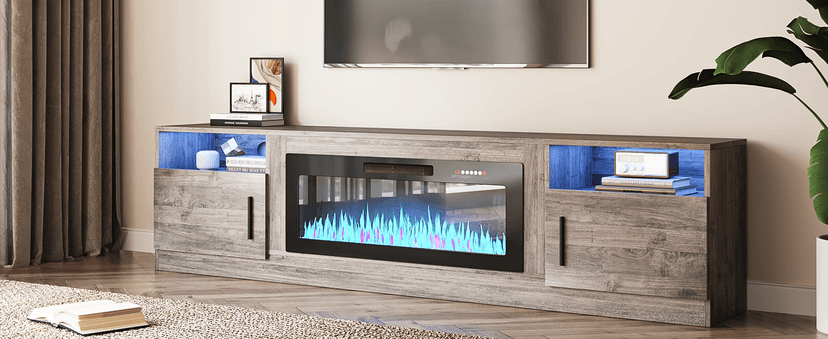 VITESSE TV Stand with 36" inch Electric Fireplace Up to 90" TVs, LED Light Entertainment Center, 80" Modern Wood High Gloss Fireplace with Highlight Storage Cabinet for Living Room (Gray)