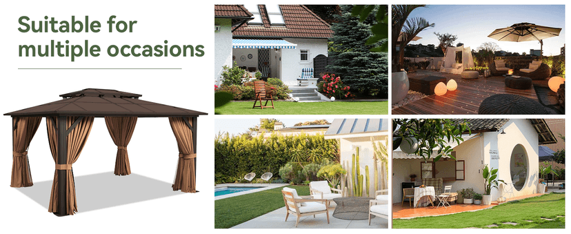 Aoxun 12'x10' Hardtop Gazebo, Aluminum Frame Permanent Pavilion with Curtains and Netting, Outdoor Polycarbonate Double Roof Canopy, Designed for Garden, Lawns, Patio, Brown