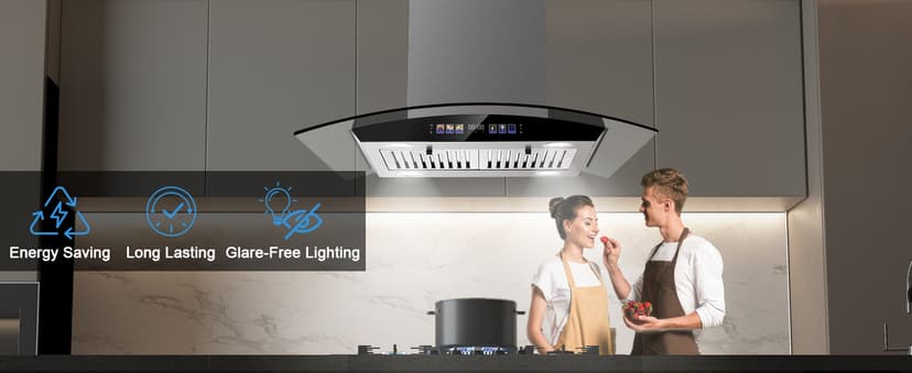 Island Range Hood 30 Inch 700 CFM Ceiling Mount Kitchen Vent Hood Tempered Glass with Color Gesture Sensing & Touch Control, 3 Speed Fan, 4 LED Lights, Permanent Filters
