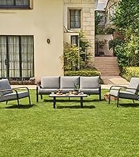 EAST OAK 5 Seats Patio Furniture Set, Waterproof Outdoor Patio Furniture with Thick Cushion, 4-Piece Outside Conversation Set with Coffee Table for Garden and Yard, Misty Grey