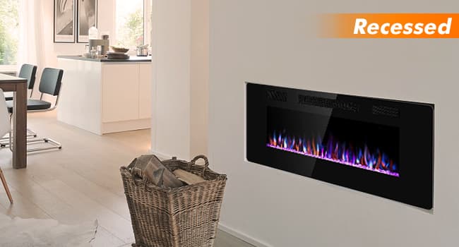 R.W.FLAME 60" Recessed and Wall Mounted Electric Fireplace, Low Noise, Fit for 2 x 6 Stud, Remote Control with Timer, Touch Screen, Adjustable Flame Color and Speed, 750-1500W